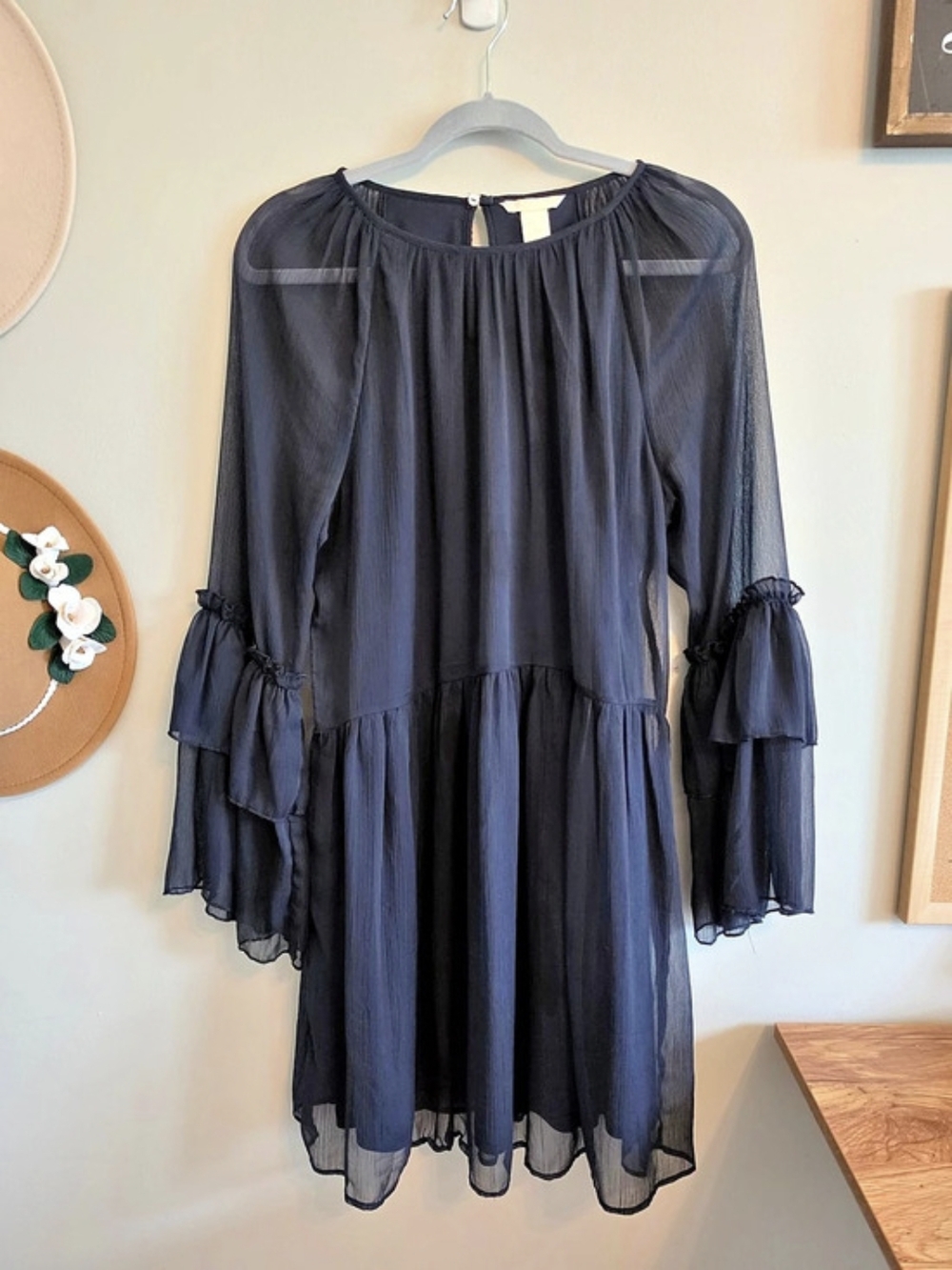 H&M Navy Sheath Dress With Ruffle Sleeves